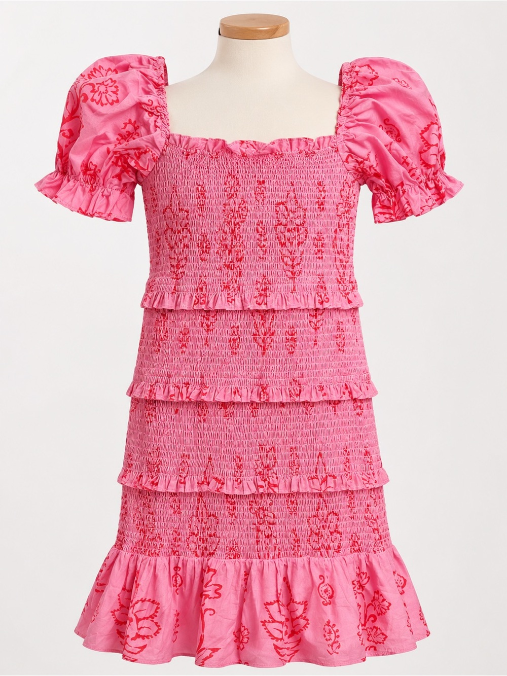 J.Marie Girls Smocked Tiered Dress Pink Floral Print Size 14 Puff Sleeve NWT - Picture 2 of 8